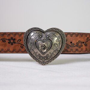 y2k heart buckle brown western floral belt